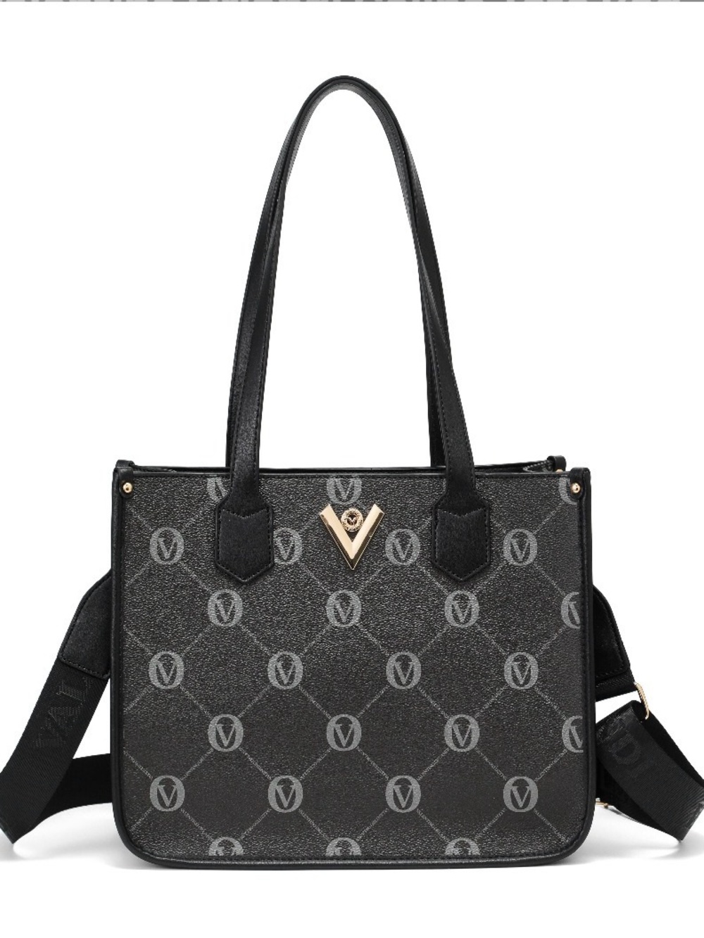 Valentino Orlandi Celene Black Logo-Pattern Tote with Gold V Hardware BRAND NEW